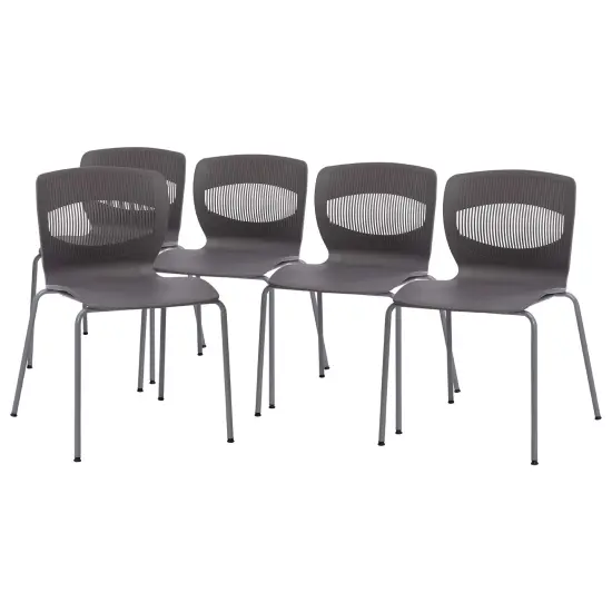Emma and Oliver Arcana Series Set of 5 Heavy Duty 770 lb. Capacity Ergonomic Polypropylene Stack Chair with Lumbar Support and Steel Frame Gray {1}