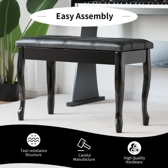 Solid Wood PU Leather Piano Bench with Storage Black {6}