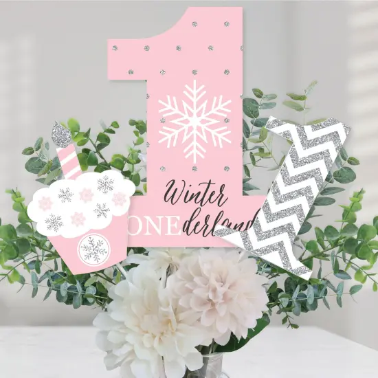 Big Dot of Happiness Pink Onederland - Snowflake Winter Wonderland First Birthday Party Centerpiece Sticks - Table Toppers - Set of 15 {1}