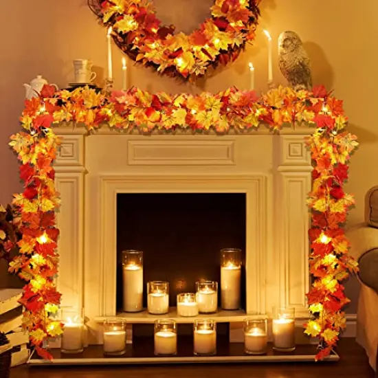 2 Pack Fall Decor Maple Leaves Garland with Lights Battery Operated Fall Thanksgiving Decorations Garland for Home Porch Front Door Table Mantle Outdoor Autumn Harvest Halloween Decor, 11.8Ft 40LED {2}