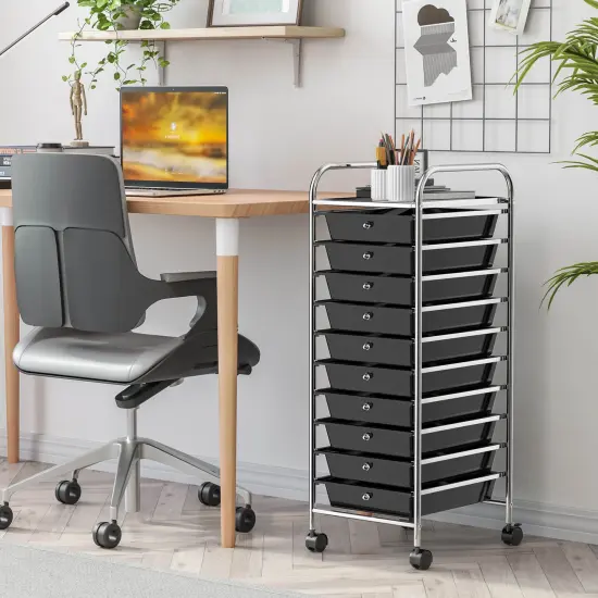 10-Drawer Rolling Storage Cart with Lockable Wheels and Steel Frame for Home or Office Use Black {4}