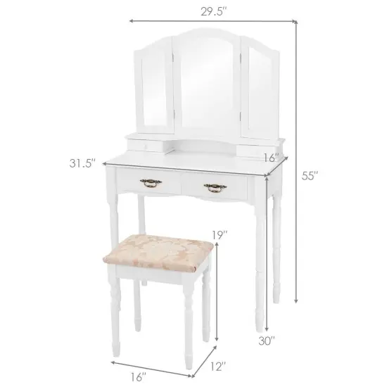 Simple Vanity Set with Tri-Folding Mirror Drawers and Storage Shelf White {4}