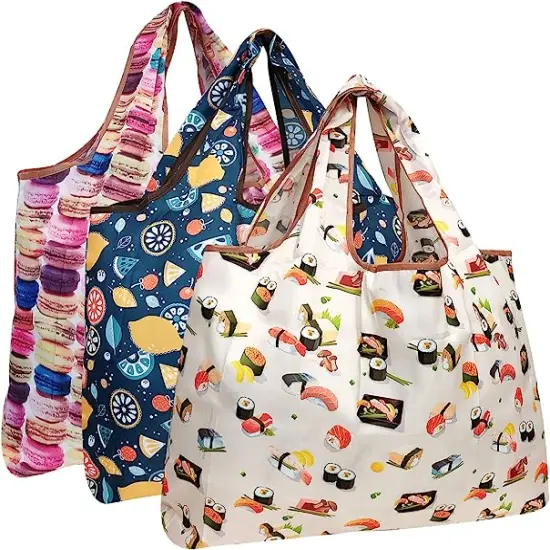 Wrapables Large Foldable Tote Nylon Reusable Grocery Bag, 3 Pack Delicious Foods {1}