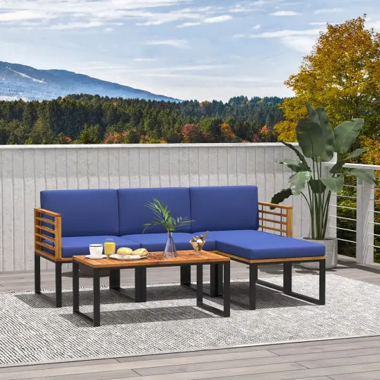 5-Piece Patio Acacia Wood Chair Set with Ottoman and Coffee Table-Navy {2}
