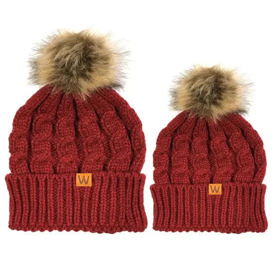 Wrapables Winter Warm Cable Knit Faux Fur Pom Pom Beanie Burgundy {1}