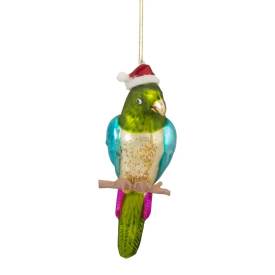 Northlight 6.25" Green and Blue Parrot in a Santa Hat Glass Christmas Ornament {1}