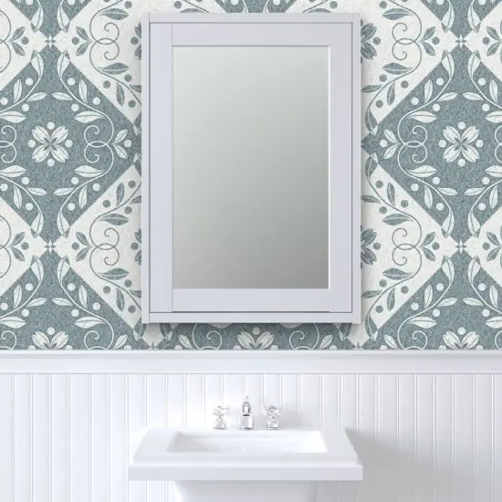 Pre-Pasted Wallpaper 2FT Wide Flowers Leaves Swirls Tiles Damask Botanical Floral Checkers Blue Gray Olive Branches Faux Marble Large Scale Custom Pre-pasted Wallpaper by Spoonflower {6}