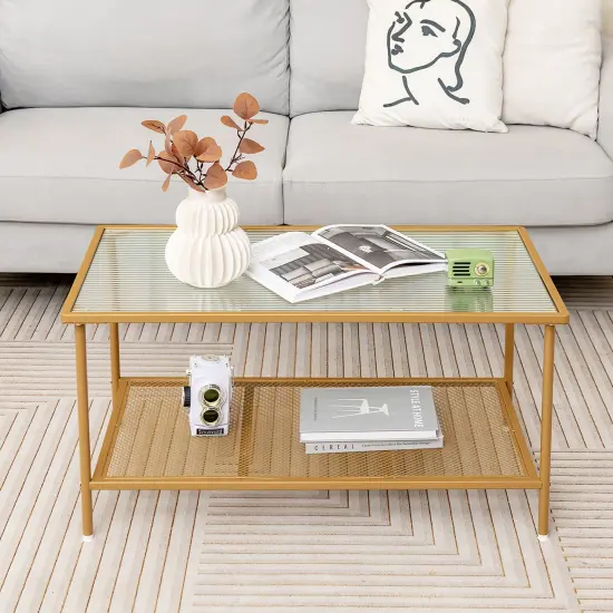 Costway 2-Tier Coffee Table with Shelf with Tempered Glass Top & Metal Frame Living Room {2}