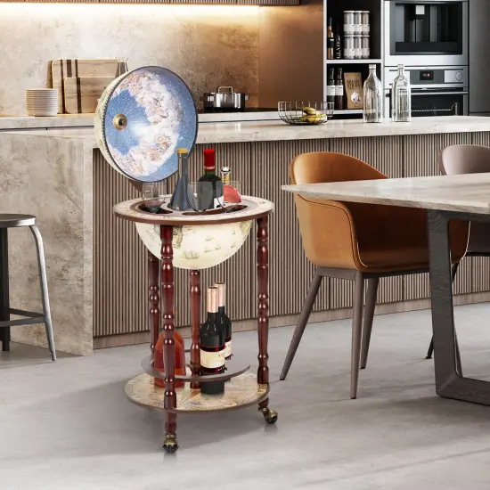 17 Inch Italian Style Design Wooden Globe Liquor Bottle Wine Rack with Wheels {6}
