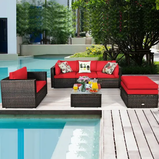 6 Pcs Patio Rattan Furniture Set with Sectional Cushion Red {1}