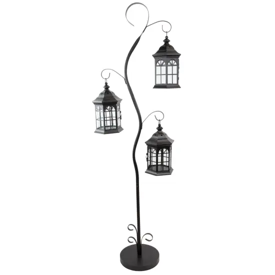 Northlight Distressed Scroll Candle Lantern Tree with Lanterns- 71.5" - Black {4}