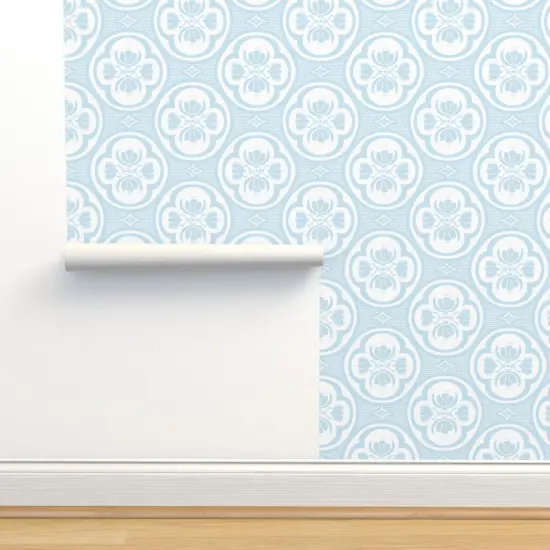 Pre-Pasted Wallpaper 2FT Wide Pastel Blue Floral Damask Quatrefoil Light White Traditional Tulip Flowers Custom Pre-pasted Wallpaper by Spoonflower {2}