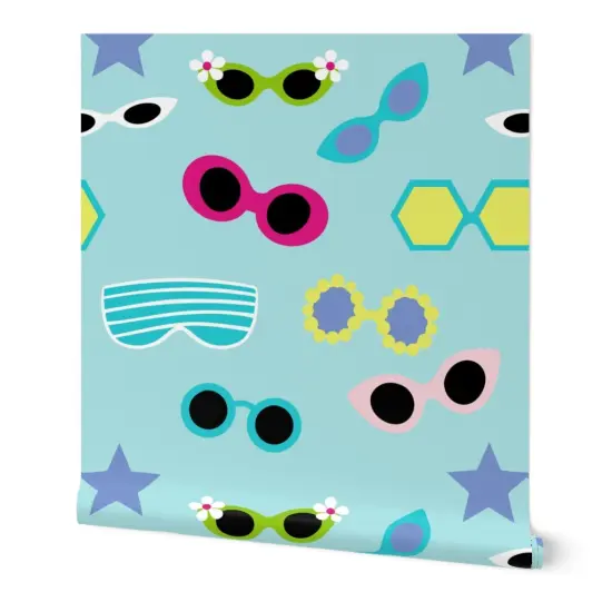 Peel & Stick Wallpaper 2FT Wide Blue Retro Colorful Beach Groovy Pale Sunglasses Eyewear Sunny Summer Glasses Large Scale Custom Removable Wallpaper by Spoonflower {7}