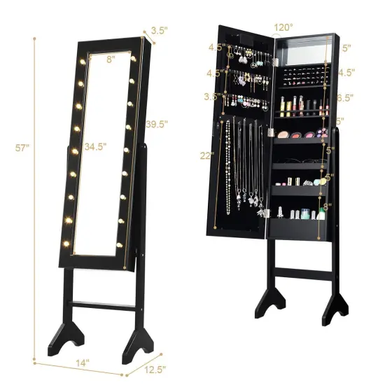 Freestanding Jewelry Organizer Cabinet Armoire with LED Lights and Full Length Mirror Black {5}