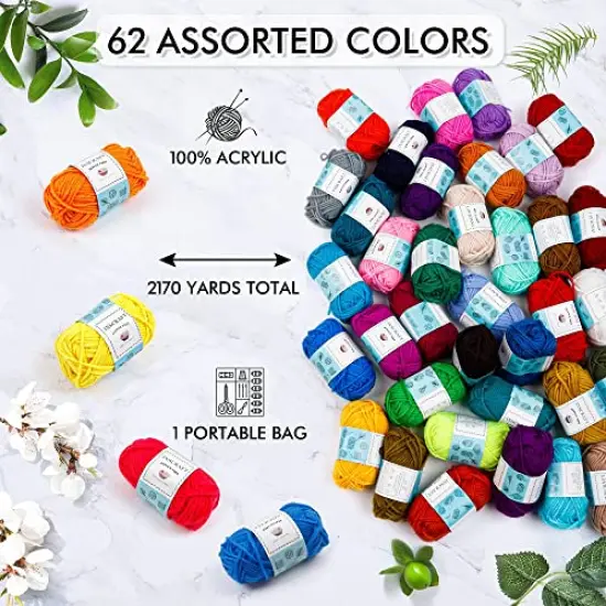62 Acrylic Yarn Skeins, 2170 Yards Yarn for Knitting and Crochet, Includes 2 Crochet Hooks,2 Weaving Needles,10 Stitch Markers, Perfect Crochet Beginner Kit for for Adults Kids {6}