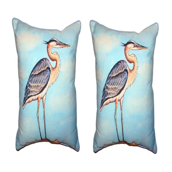 Pair of Betsy Drake Blue Heron on Stump Large Indoor/Outdoor Pillows 18 X 18 {1}
