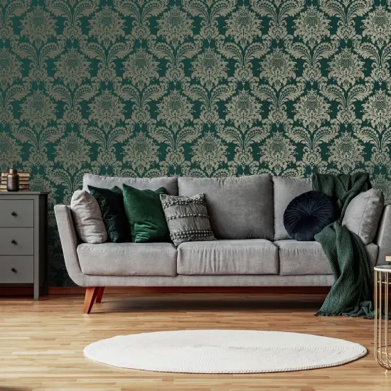 Archive Damask Teal and Gold Wallpaper {1}