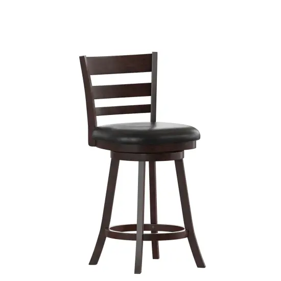 Merrick Lane Silla 24" Classic Wooden Ladderback Swivel Counter Height Stool with Upholstered Padded Seat and Integrated Footrest Espresso/Black {1}