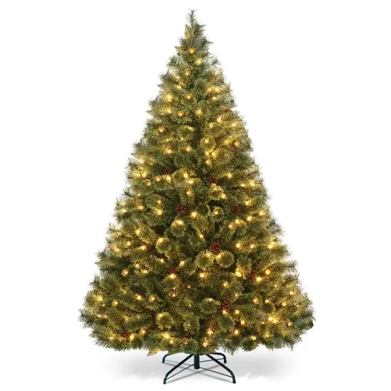 Costway 6Ft Pre-Lit PVC Artificial Carolina Pine Tree Flocked Cones Hinged w/ LED Lights {1}