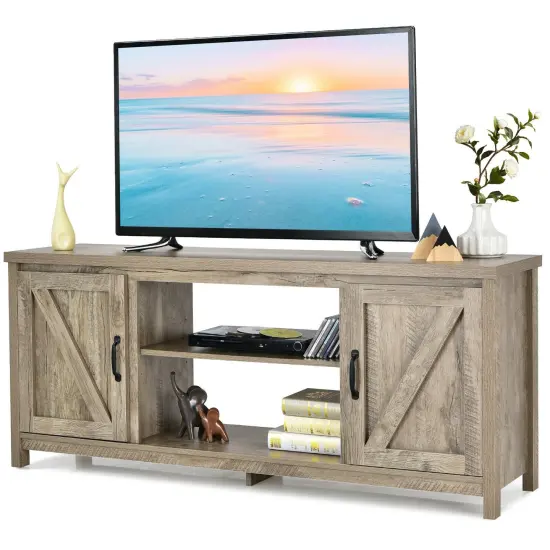 59 Inches TV Media Console Table with 2 Storage Cabinet and Adjustable Removable Shelf Natural {2}