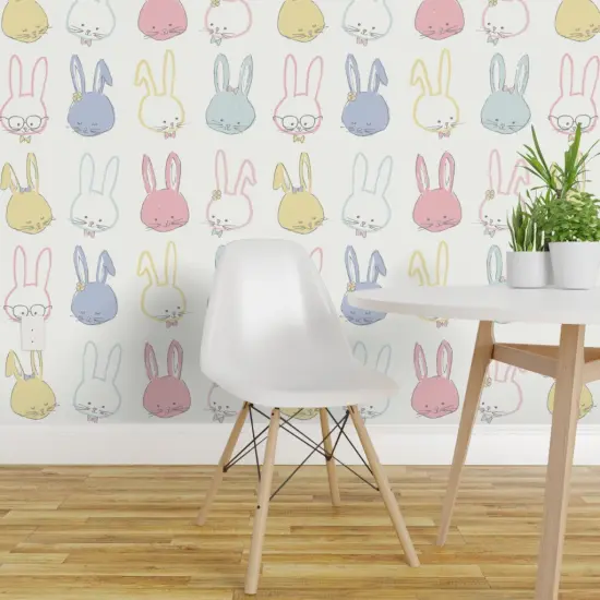 Peel & Stick Wallpaper 2FT Wide Easter Bunnies Pastel Spring Periwinkle Lilac Blue Pink Ivory Garden Hand Drawn Whimsical Rabbits Custom Removable Wallpaper by Spoonflower {1}