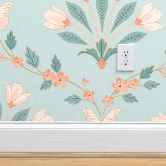 Pre-Pasted Wallpaper 2FT Wide Floral Damask Butterflies Spring Flowers Symmetrical Tulips Leaves Botanical Custom Pre-pasted Wallpaper by Spoonflower {4}