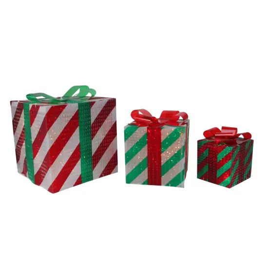 Northlight Striped Gift Boxes Outdoor Christmas Decorations - 8" - Clear Lights - Set of 3 Red {1}