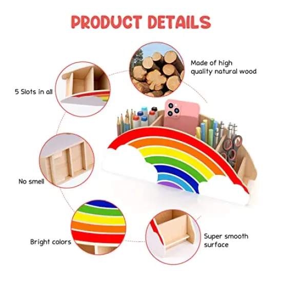 GAMENOTE Wooden Pen Holder & Pencil Holders - Rainbow Supply Caddy Phone Holder Desk Organizer for Office Supplies Makeup Brush Classroom Organization for Women & Kids {3}