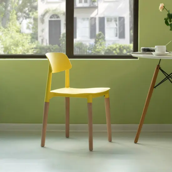 Modern Plastic Dining Chair Open Back with Beech Wood Legs Single Yellow {11}
