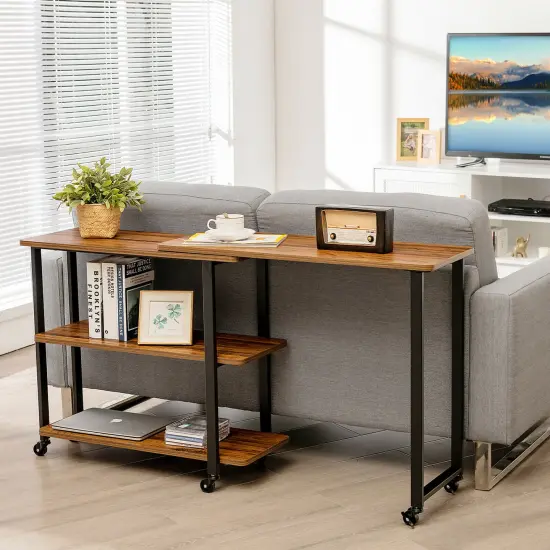 Costway Patented Sofa Side End Table 360&deg; Rotating Bookcase w/Storage Shelves & Wheels Brown/Rustic Brown/Natural {11}