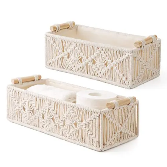 Mkono Macrame Storage Baskets Boho Decor Box Handmade Woven Decorative Countertop Toilet Tank Shelf Cabinet Organizer for Bedroom Livingroom Home, Set of 2, Ivory {1}