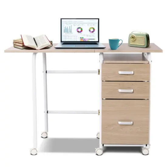 Folding Computer Laptop Desk Wheeled Home Office Furniture Natural {6}