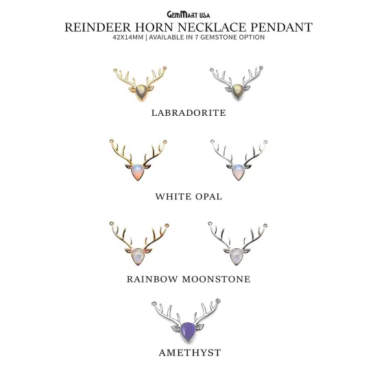 Reindeer Horn Necklace Pendant, Labradorite Gemstone Reindeer Head, Antlers/ Horns, 42x14mm, Horn Necklace, GemMartUSA (LB-50520) {2}