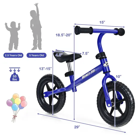 Kids No Pedal Balance Bike with Adjustable Handlebar and Seat Blue {3}