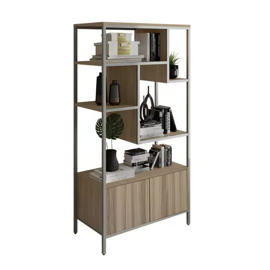 Techni Office Solutions Storage Rack Shelf with Door Cabinet - 63" - Brown and Silver {1}