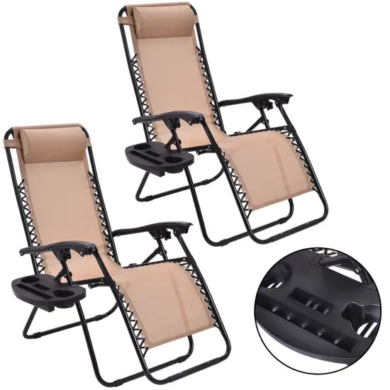 Costway 2PCS Zero Gravity Chairs Lounge Patio Folding Recliner Beige W/Cup Holder {1}