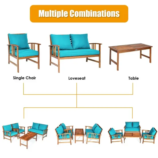 4 Pieces Wooden Patio Furniture Set Table Sofa Chair Cushioned Garden Turquoise {3}