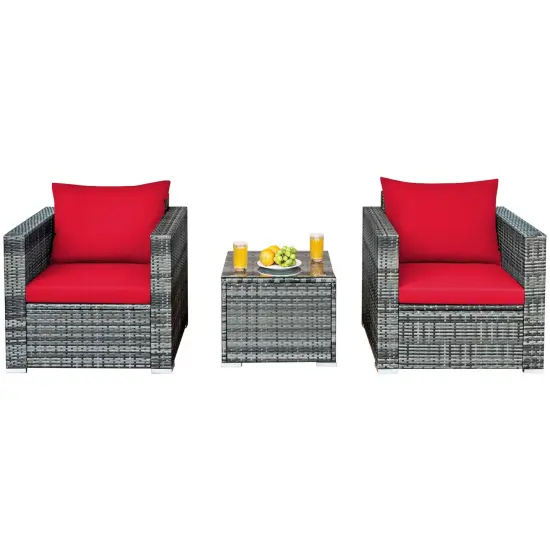 3 Pcs Patio Rattan Furniture Bistro Sofa Set with Cushioned Red {4}