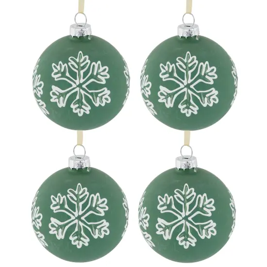 Northlight Glass Christmas Ball Ornaments with Snowflakes - 3" (80mm) - Green and White - 4ct {1}