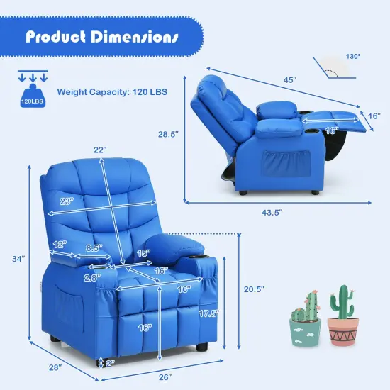 Kids Recliner Chair with Cup Holders Suitable for Children's Room, Living Room and Bedroom Blue {4}