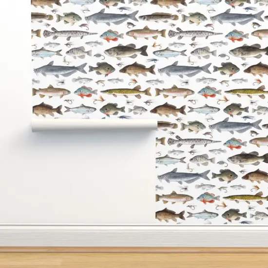 Peel & Stick Wallpaper 2FT Wide Fish Fishing Salmon Cabin Trout Fisherman Lures Sunfish Tackle Crappie Stream Muskie Sturgeon Custom Removable Wallpaper by Spoonflower {2}