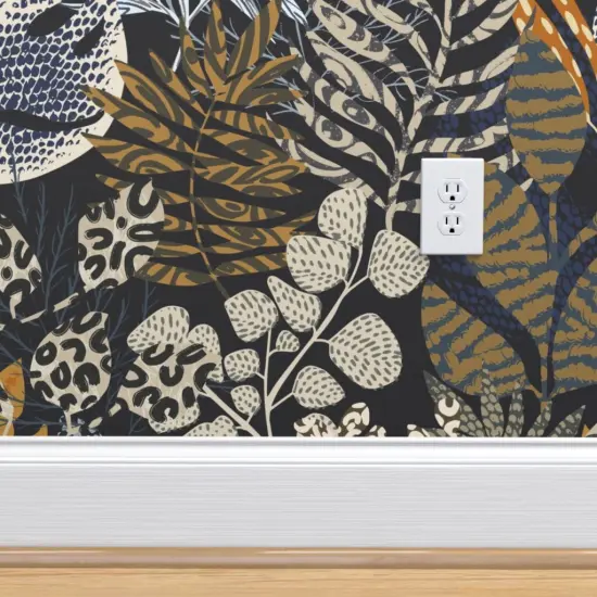 Pre-Pasted Wallpaper 2FT Wide Blue Leaves Animal Print Wild Dark Tropical Tiger Cheetah Lizard Botanical Floral Large Scale Jungle Custom Pre-pasted Wallpaper by Spoonflower {4}