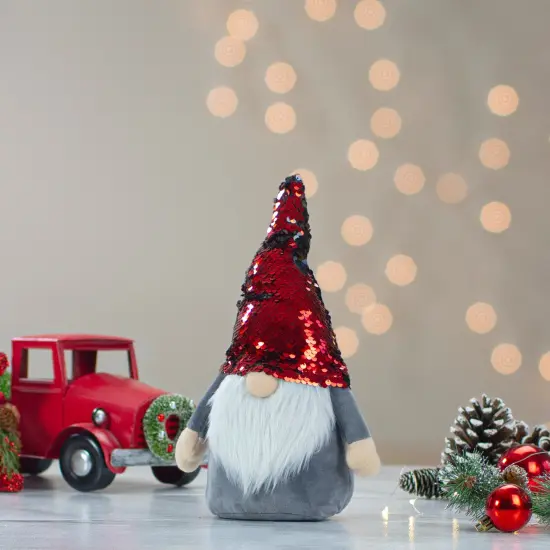Northlight Gnome with Flip Sequin Hat Christmas Figure - 18" - Red and Gray {3}