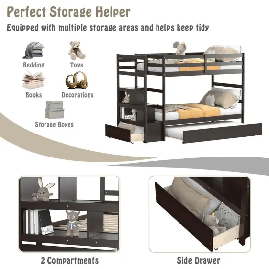 Twin Over Twin Bunk Bed with 3-Step Staircase and Storage Shelf Dark Brown {5}