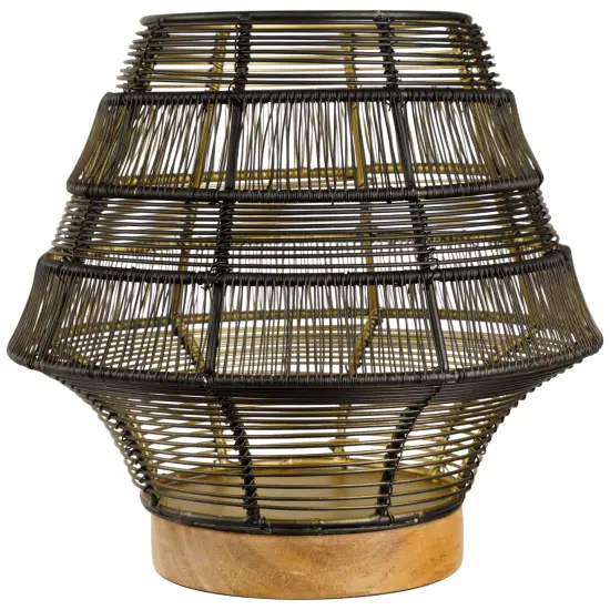 Northlight Large Woven Iron Pillar Candle Holder with Wood Base - 9.25" - Black {1}