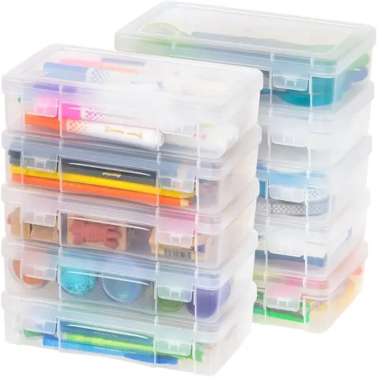 IRIS USA 10 Pack Small/Medium/Large Plastic Hobby Art Craft Supply Organizer Storage Containers with Latching Lid, for Pencil Case, Lego, Crayon, Ribbons, Tape, Beads, Sticker, Yarn, Stackable, Clear {7}
