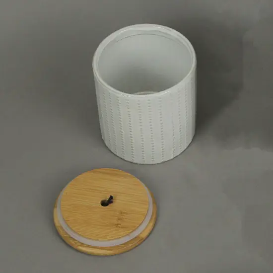 5 In White Ceramic Jar With Wood Lid Decorative Kitchen Counter Canister Storage {4}