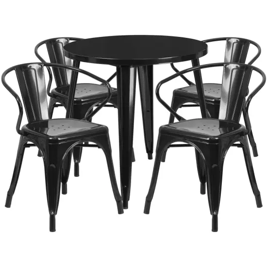 Emma and Oliver Commercial Grade 30" Round Metal Indoor-Outdoor Table Set with 4 Arm Chairs Black {1}