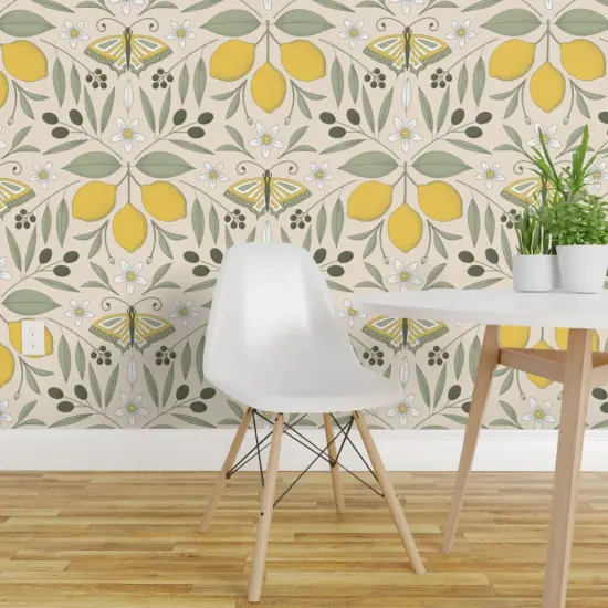 Pre-Pasted Wallpaper 2FT Wide Yellow Butterfly Damask Olive Lemon Botanical Italy Pastel Colors Mediterranean Tree Large Scale Citrus Moth Insects Custom Pre-pasted Wallpaper by Spoonflower {1}