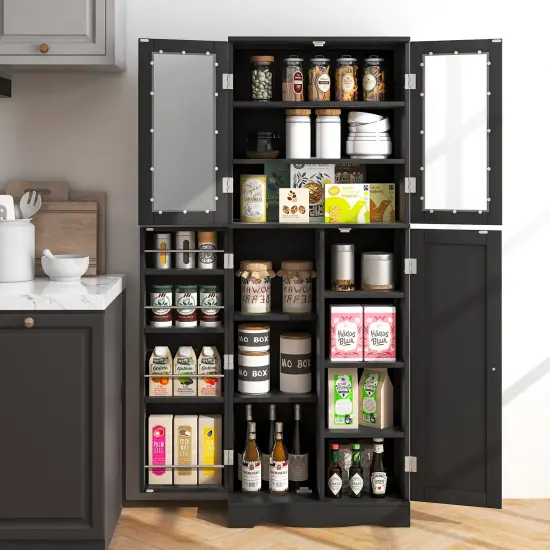 Tall Kitchen Pantry Cabinet with Dual Tempered Glass Doors and Shelves Black {2}